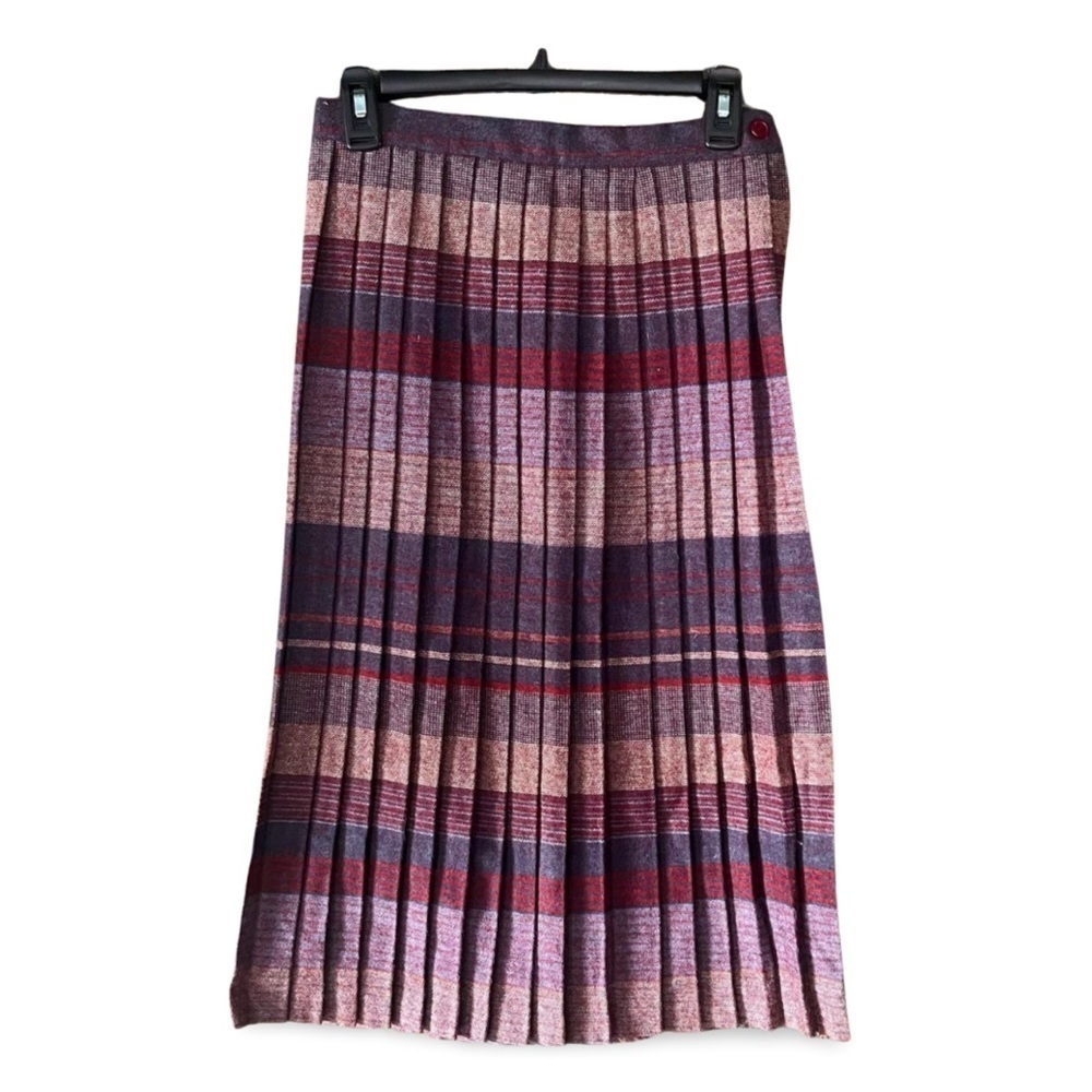 🇨🇦 Vintage 80s Purple & Burgundy Plaid Wool Pleated Midi Skirt – XS